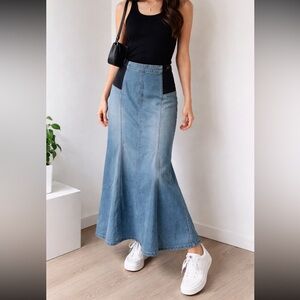 BCBGMAXAZRIA Y2K Panel Denim Maxi Skirt Stretch Waist Sculpted A-Line S/M